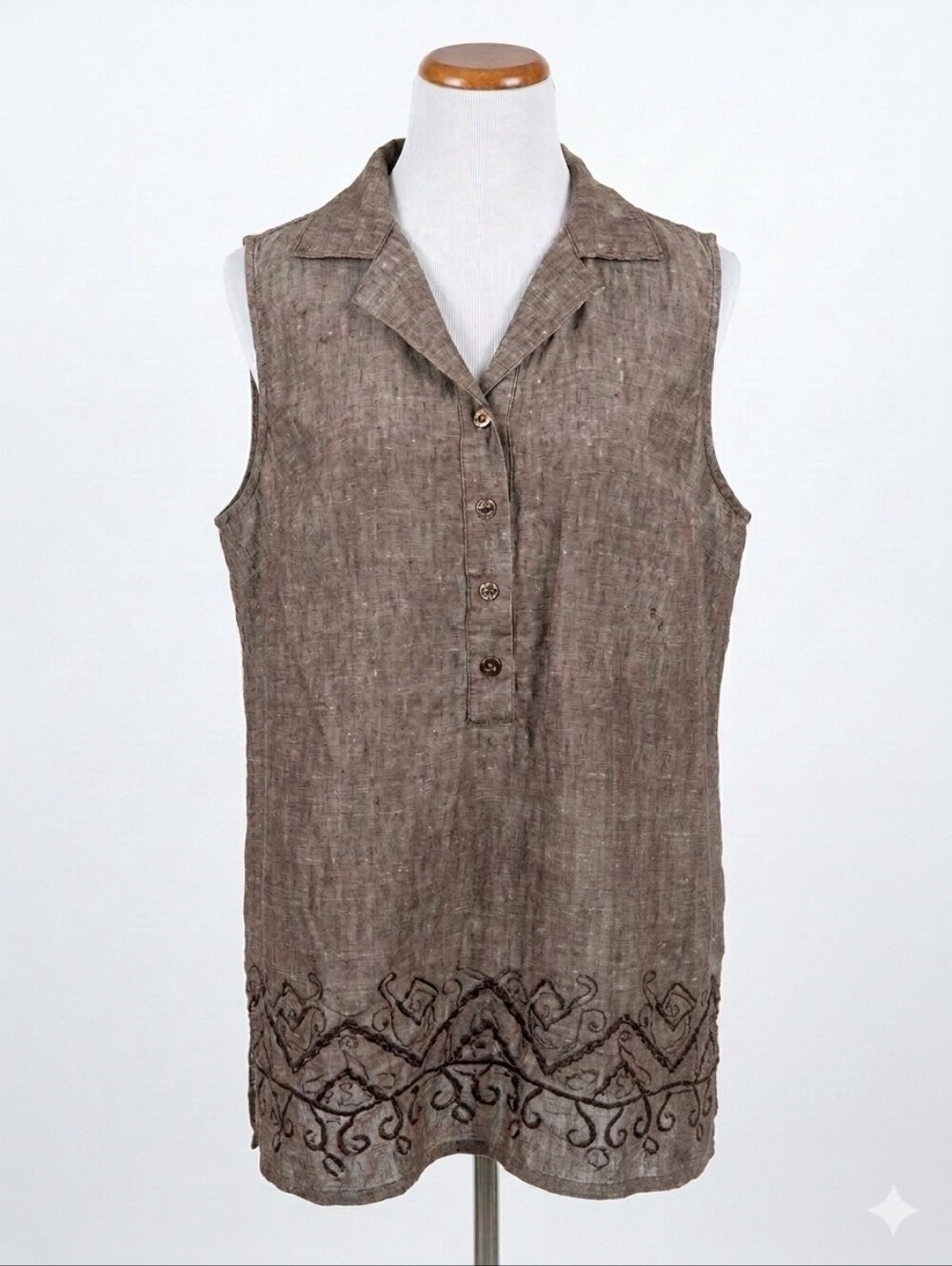 Mercer & Madison 100% Linen Sleeveless Top Mocha Brown Embroidered Blouse Sz 1X